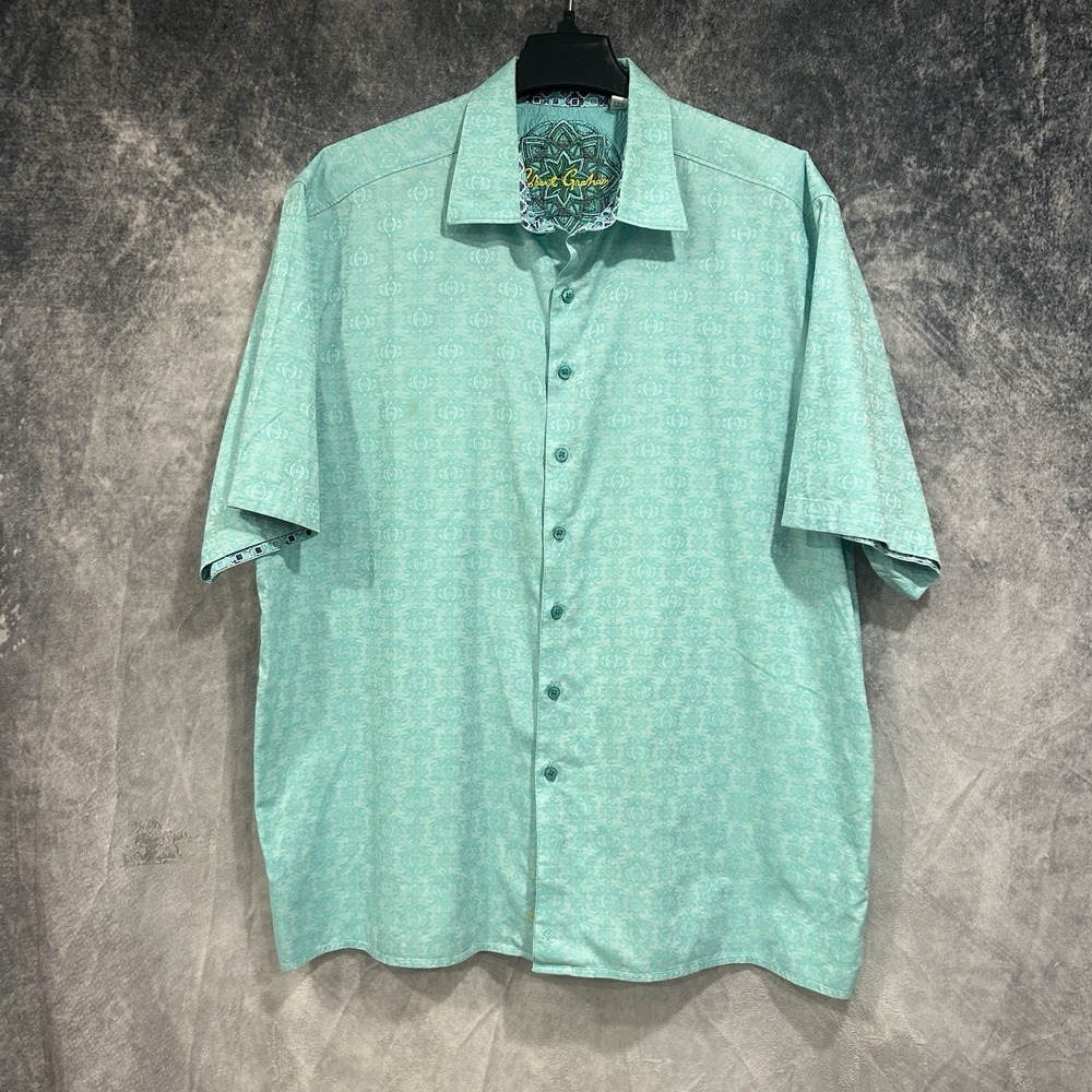 Robert Graham Men’s XL Aqua Blue Short Sleeve Button Down Shirt Embroidered